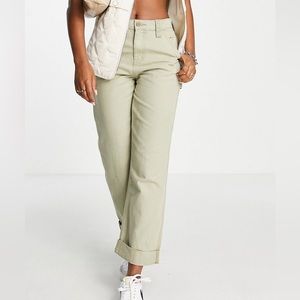 ASOS DESIGN minimal cargo pants in khaki with contrast stitching.